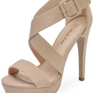 Nude Suede Cross Strap Open Toe High Stilettos